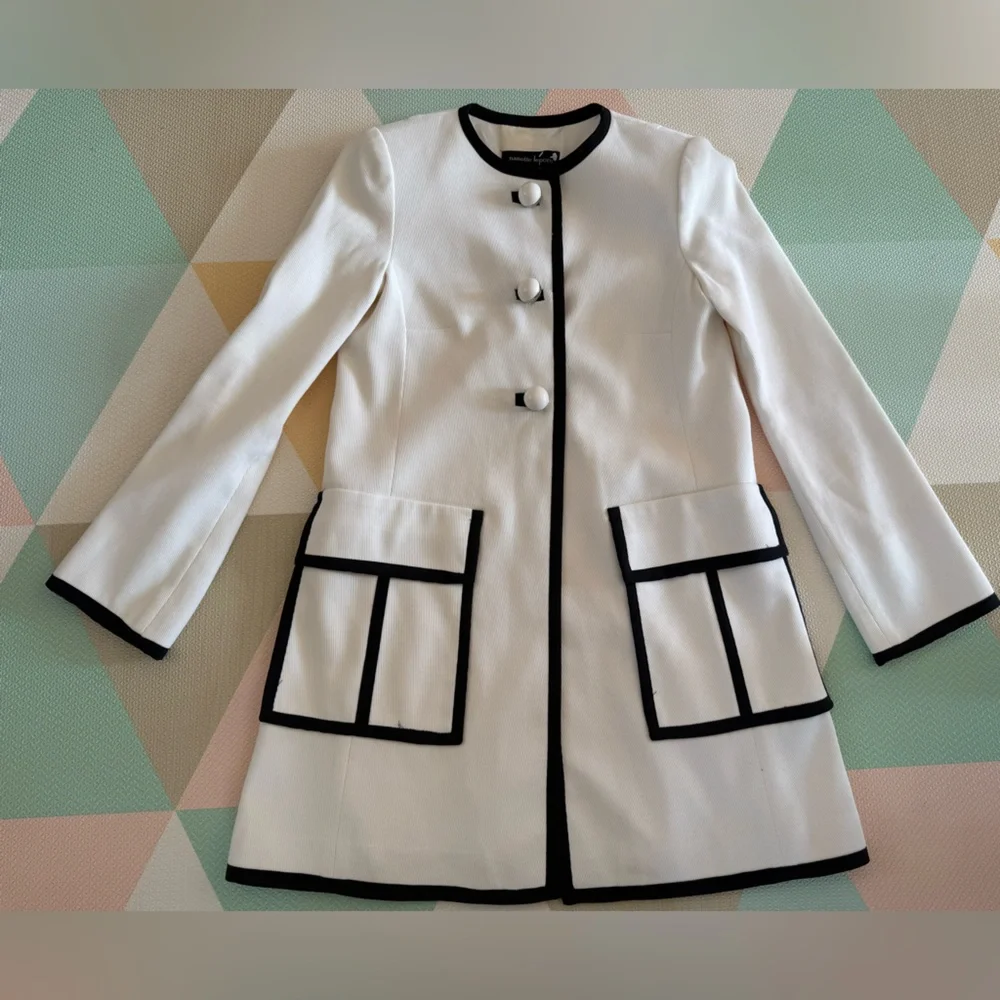 Nanette Lepore Vintage Ivory Cotton Coat with Black Trim Size 6 - Picture 4 of 9